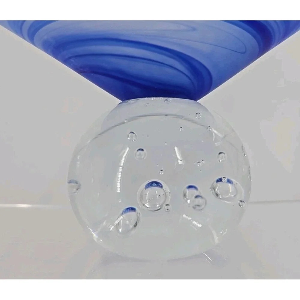 Satin blue Swirl Compote  Polished  Clear Glass Base W/ Bubbles 7